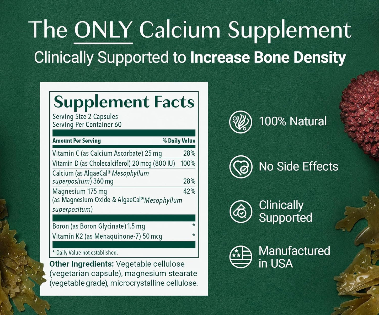 AlgaeCal Plus Increase Bone Density Supplement 120 Veggie Capsules
