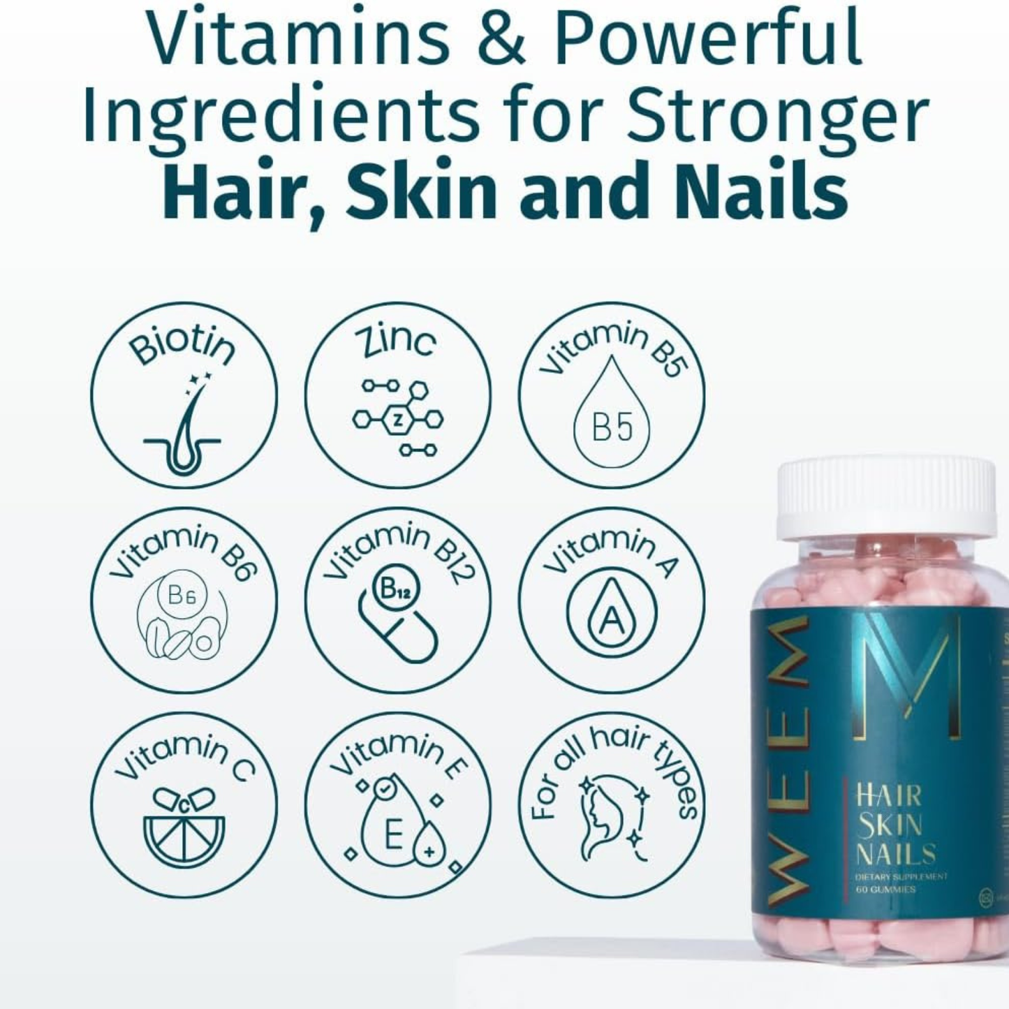 WEEM Hair Skin and Nails Gummies Extra Strength Supplement Pack of 3